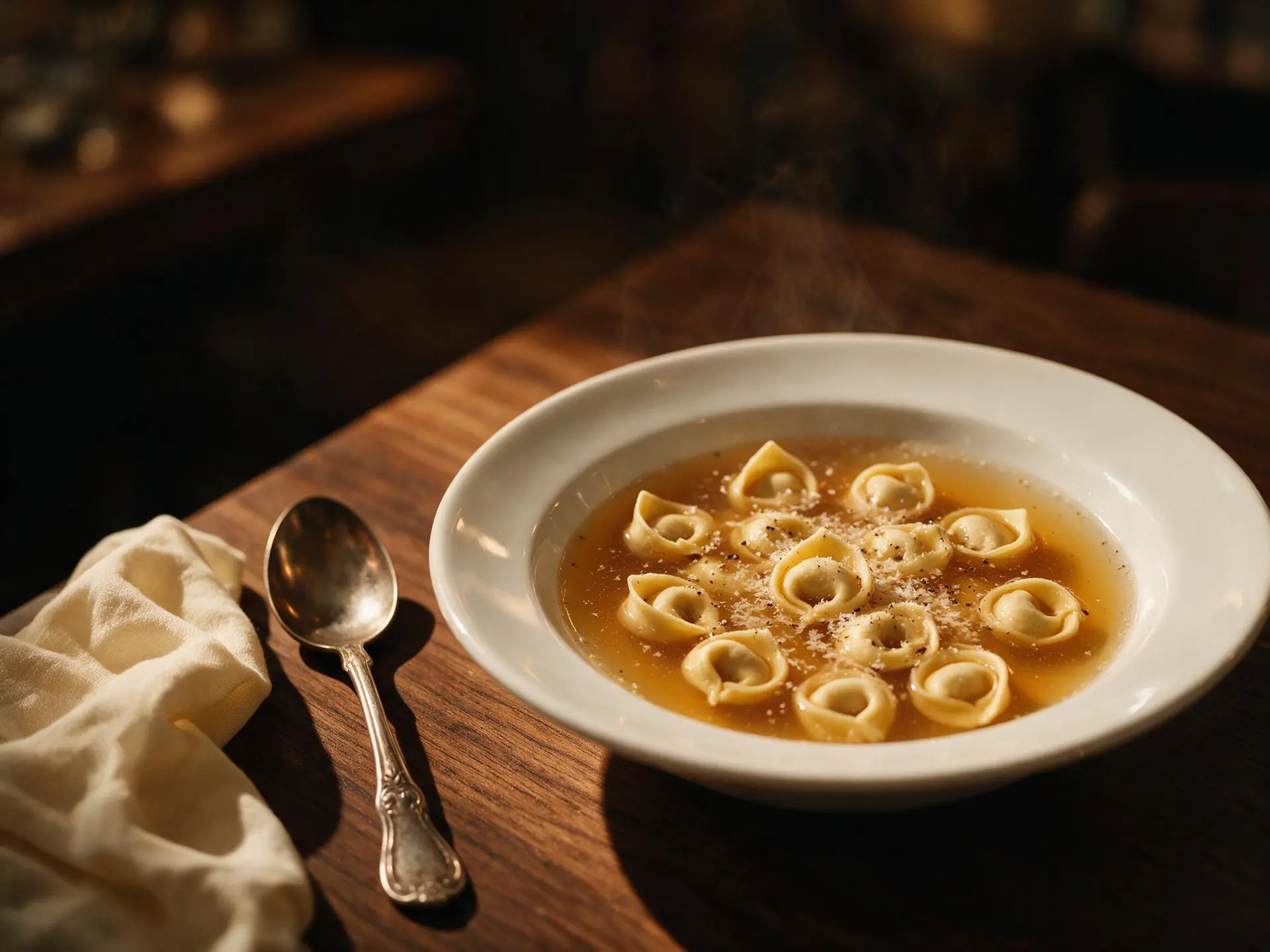 Cappelletti de carne no brodo, servido à mesa