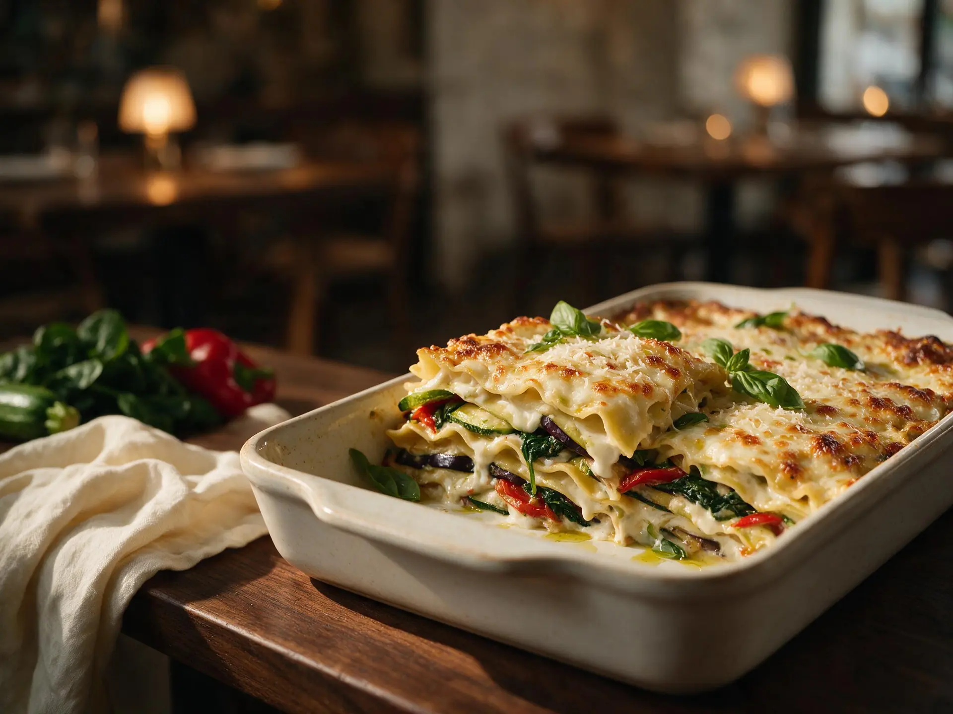 Lasanha vegetariana, servido à mesa