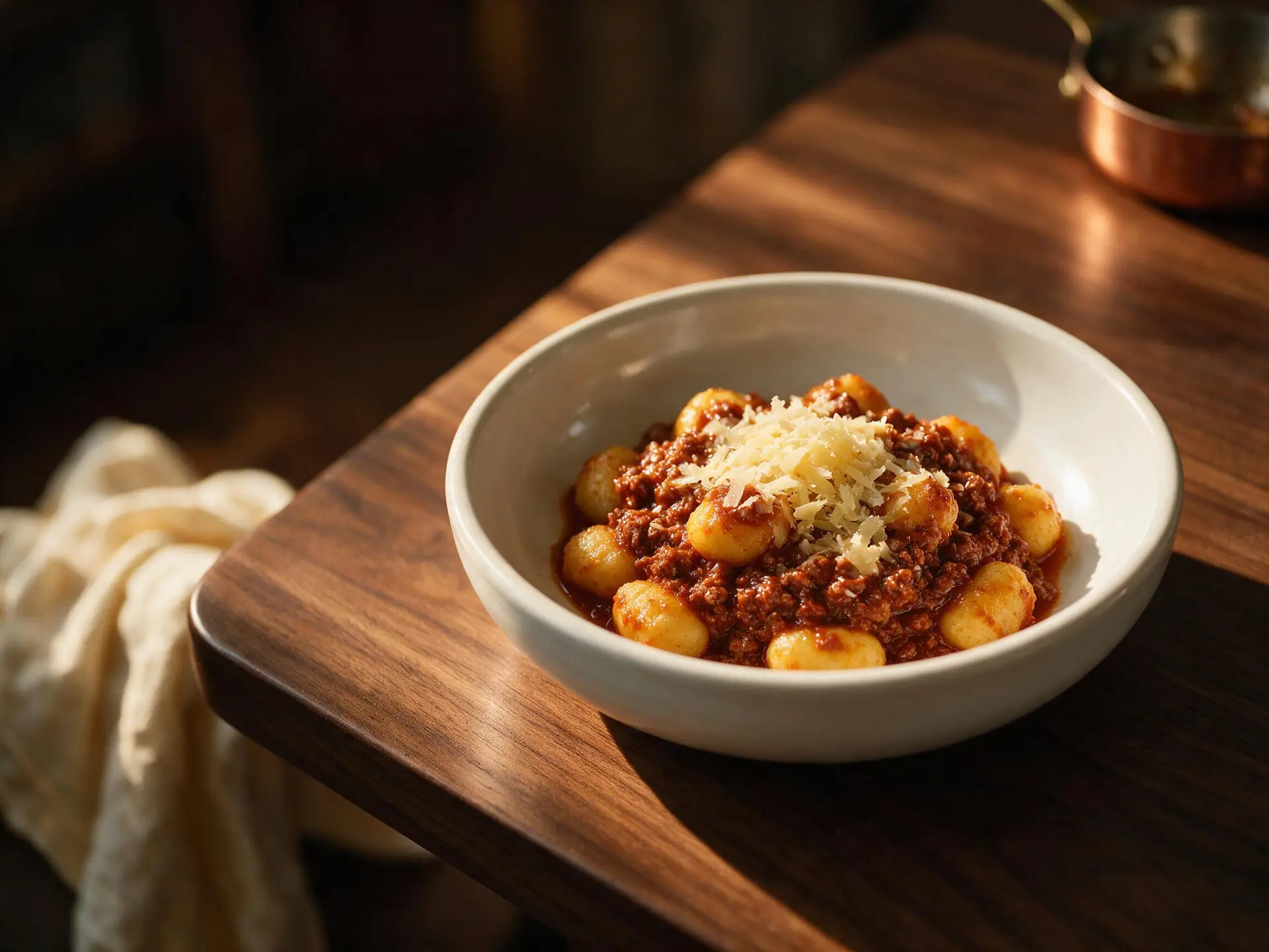 Nhoque italiano à bolonhesa, servido à mesa